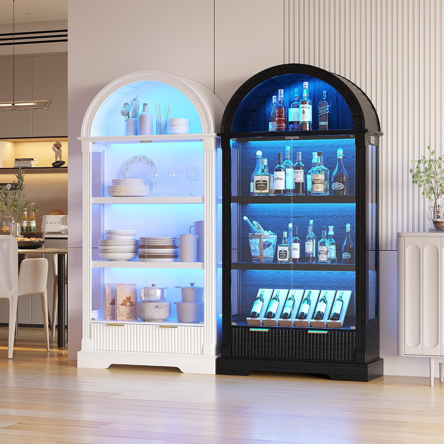Dystler Curio Cabinet with RGB Lights, 72' Tall Arched Display Cabinet with Glass Doors, 4-Tier Large Shelf Display Case for Collectibles Bookcase Living Room, White