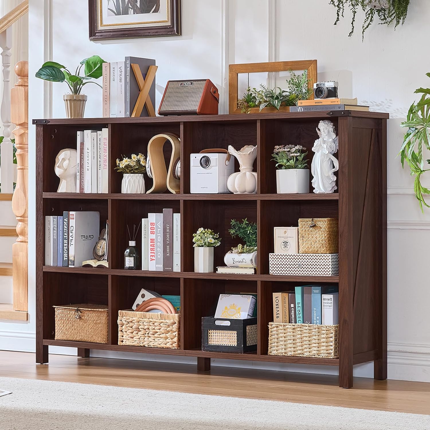 Joaxswe 12 Cube Storage Organizer, Farmhouse 62 Inch Wide Brown Walnut Display Bookshelf, Wooden 3 Tier Large Open Book Shelf, Vintage Bookcase for Home Office, Cubby Cabinet for Living Room, Office