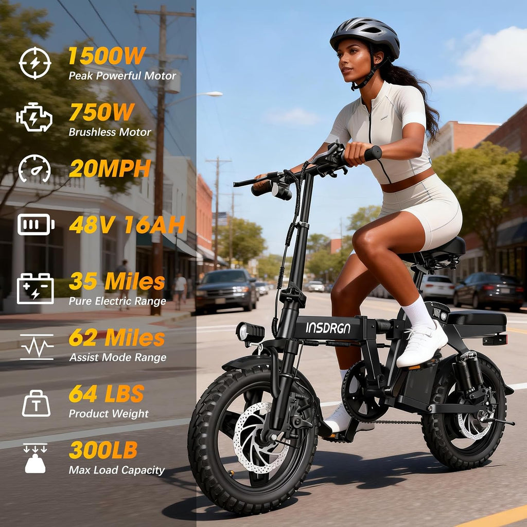 INSDRGN 14' Folding Electric Bike for Adults, Peak 1500W Motor,20MPH Max Speed,48V 16Ah Removable Battery Electric Bike, 35/62Miles Max Range, UL 2849 Certified E Bike