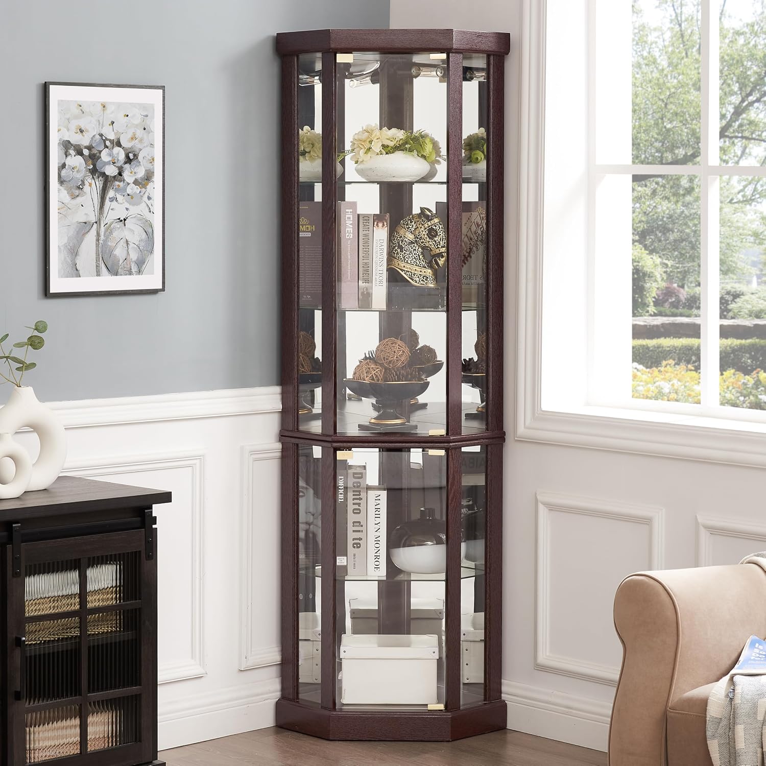 69' H Lighted Curio Cabinet Corner Display Case,Corner Glass Cabinets with Tempered Glass Door and Adjustable Shelves,Wooden Curio Cabinet with Mirrored Back Pane (Style 1 - Dark Cherry)