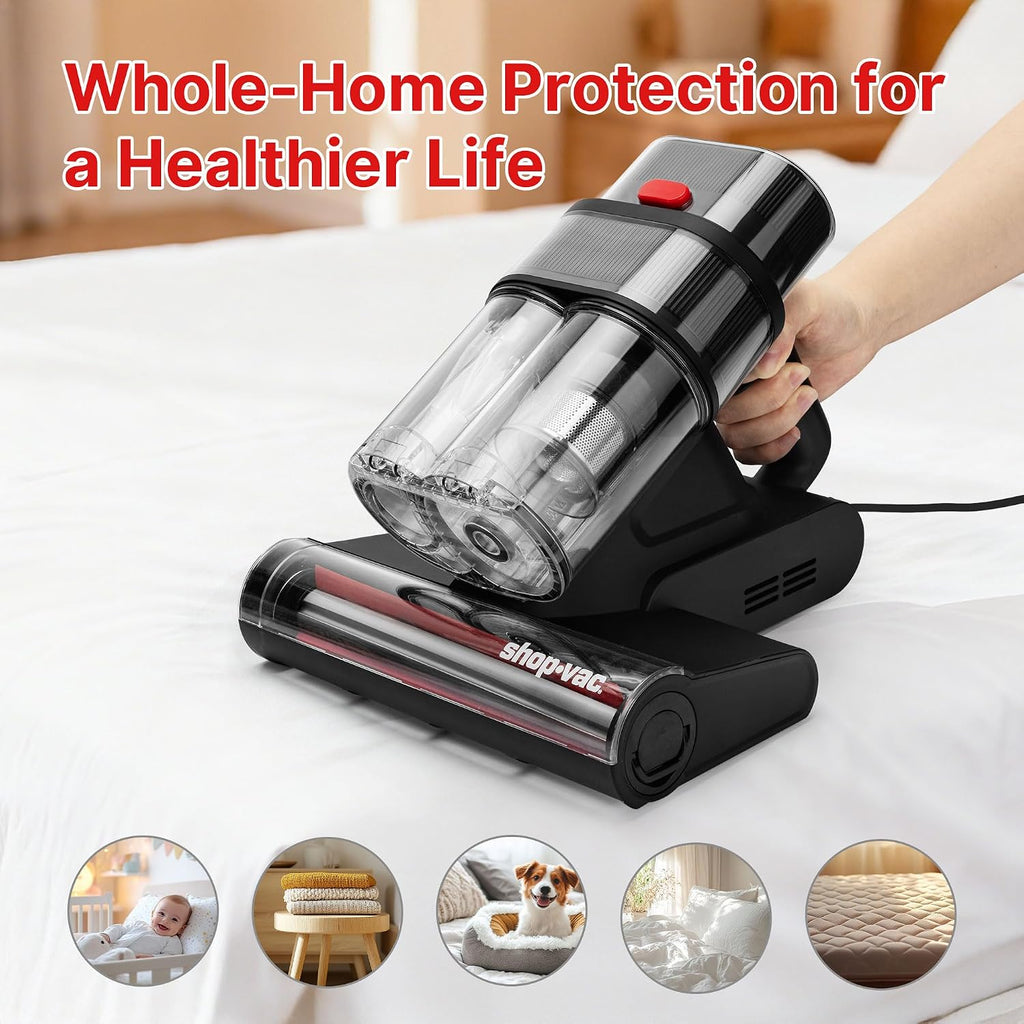 Shop-Vac Mattress Vacuum Cleaner, 14KPa Powerful Bed Vacuum with 253.7nm UV-C Light, 36960 RPM/Min Tapping, HEPA Filter & Ultrasonic, Dual Cup Filtration, for Bed, Sofa, Couch, 400W, 15.4 ft Corded