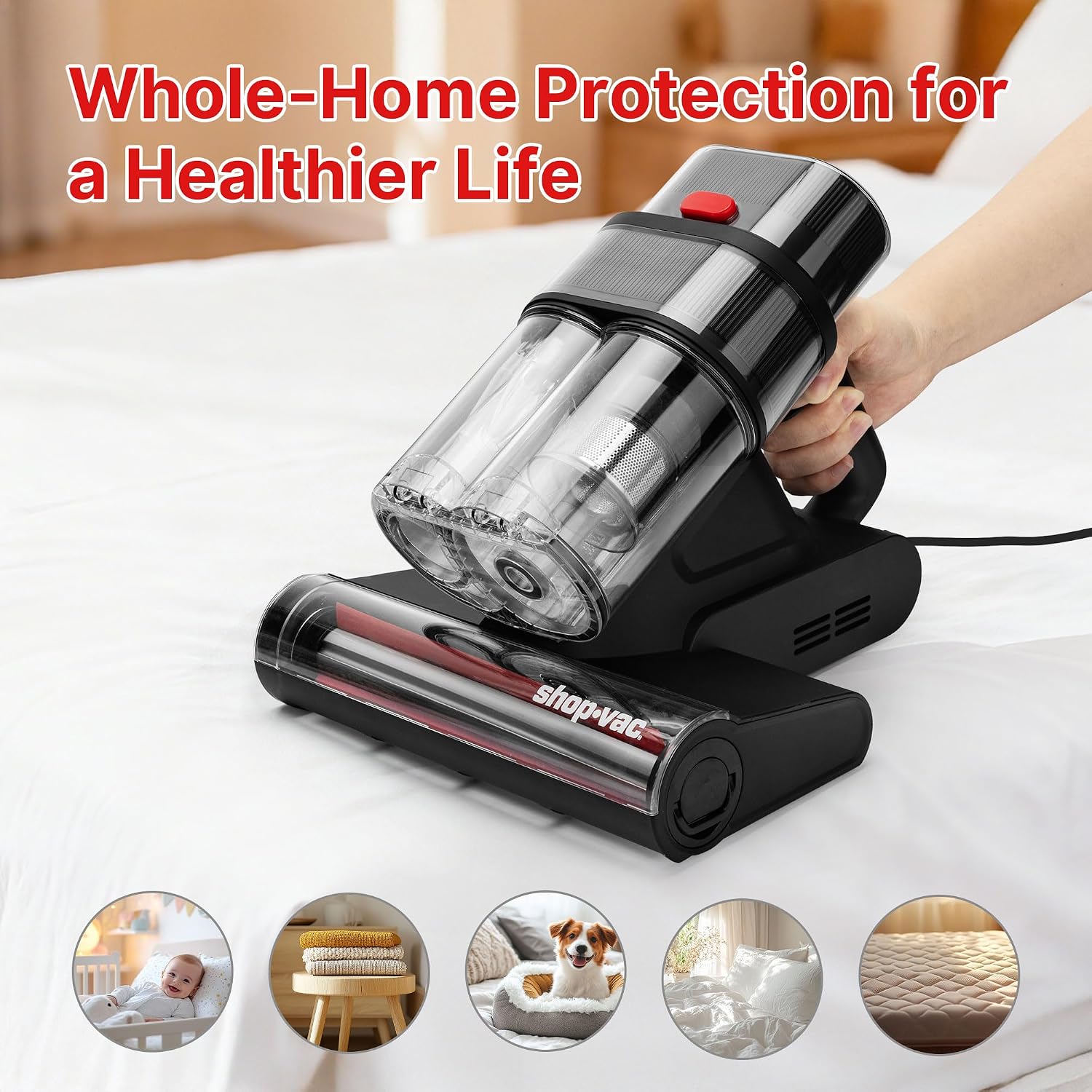 Shop-Vac Mattress Vacuum Cleaner, 14KPa Powerful Bed Vacuum with 253.7nm UV-C Light, 36960 RPM/Min Tapping, HEPA Filter & Ultrasonic, Dual Cup Filtration, for Bed, Sofa, Couch, 400W, 15.4 ft Corded