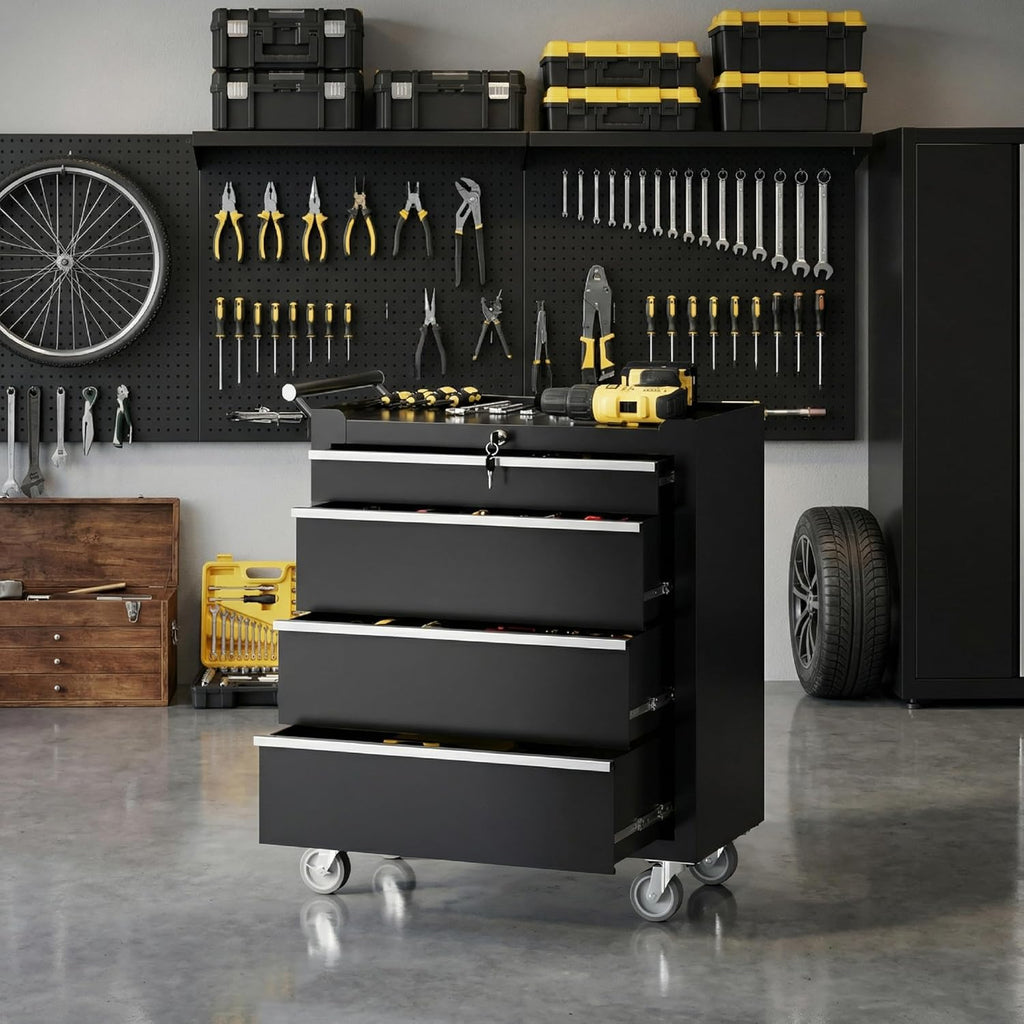 IDEALHOUSE Rolling Tool Chest, 4 Drawers Tool Storage Cabinet, Toolbox with Wheels, Portable Tool Cabinet Organizer with Locking System & Drawer Liners, Tool Storage Cart for Garage, Workshop, Black