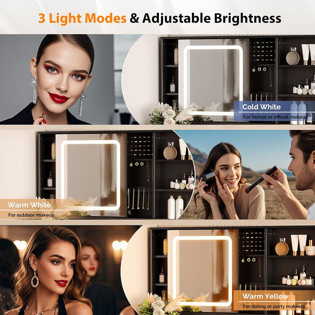 VINGLI Vanity Desk with Sliding Mirror and Lights, Glass Top Makeup Vanity Table w/Glass Cabinets w/Hidden Jewelry Storage & Power Outlets & Hairdryer Holder, 43in Black Dressing Table Gifts