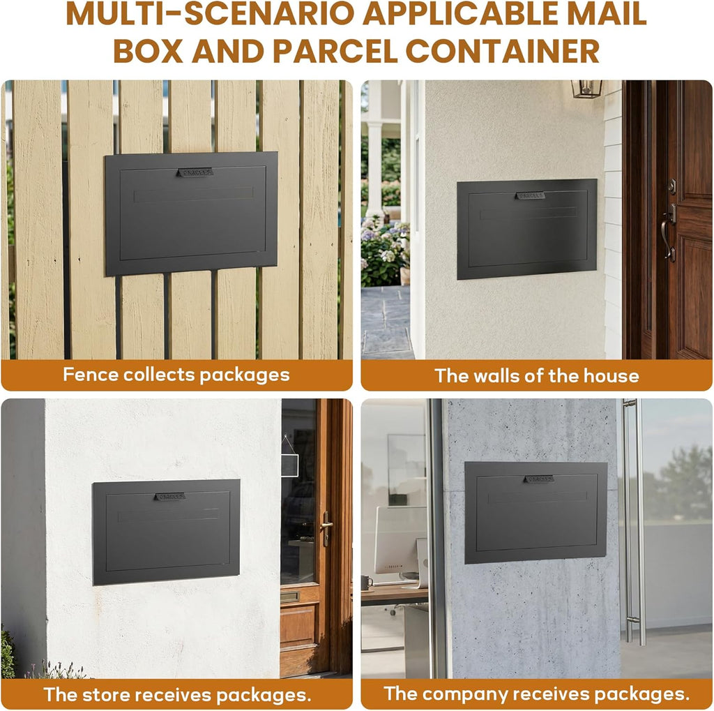 Large in-Fence Parcel Drop Box - Easy Assembly Through-the-Wall Package Delivery Box with Rear Access Door - Anti-Theft Locking Mailbox for Packages and Mail (Sleek Black Steel)