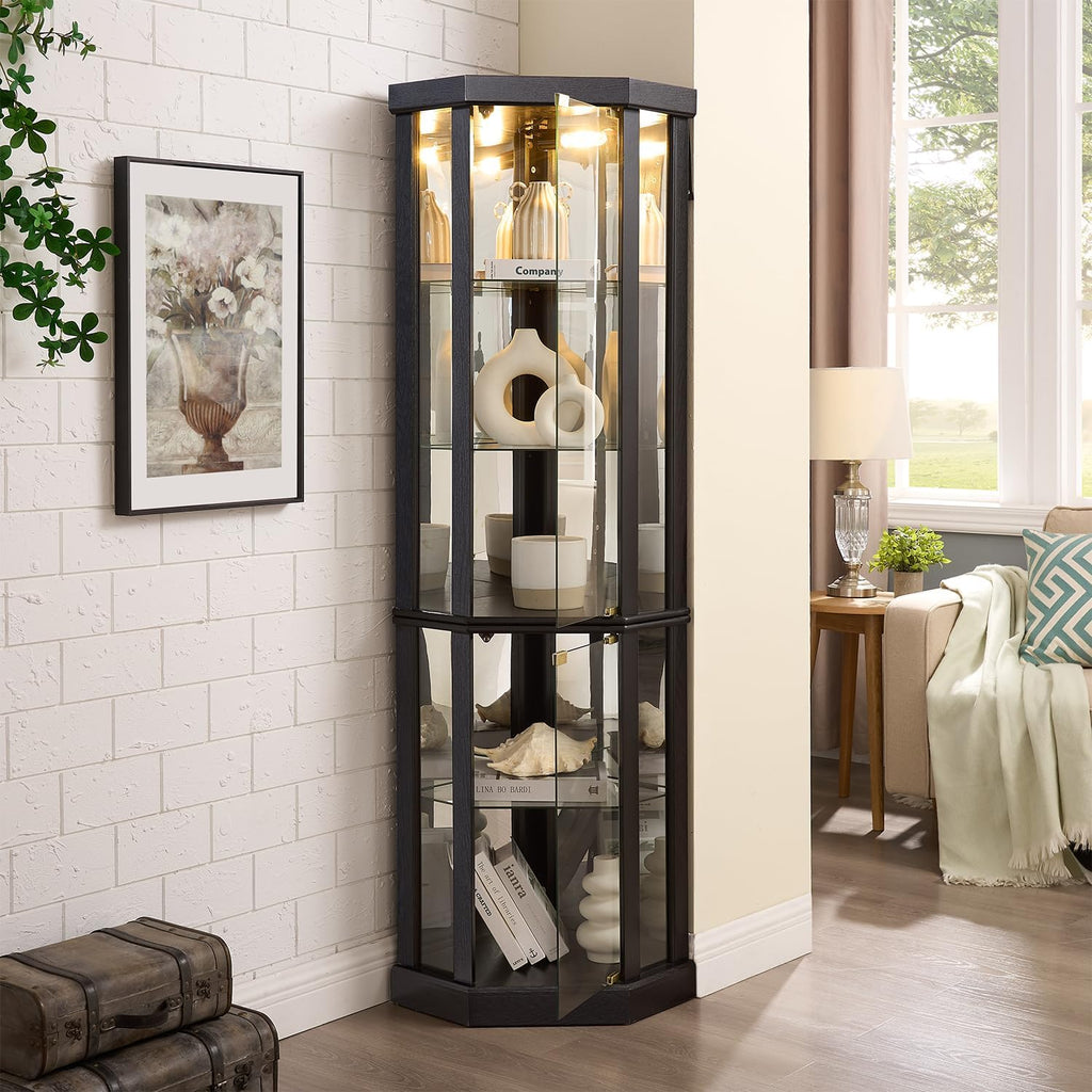 69' H Lighted Corner Display Cabinet, 5-Tier Wooden Curio Glass Cabinet with Adjustable Shelves & Glass Door, Corner Storage Display Case with Mirrored Back Pane for Living Room (Black)