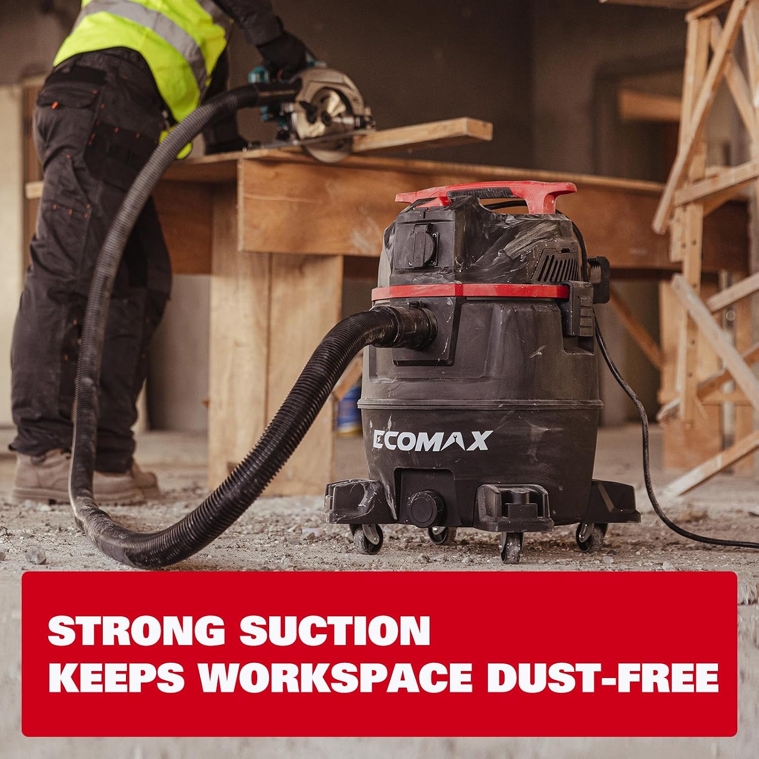 ECOMAX Dust Extractor, Shop Vac, Semi-Auto Filter Clean, 8 Gal 6.5 HP HEPA Wet Dry Vacuum, Anti-Static Hose, Power Tool Take-Off, Dust-Full Indicator, for Woodworking, Workshop and Garage