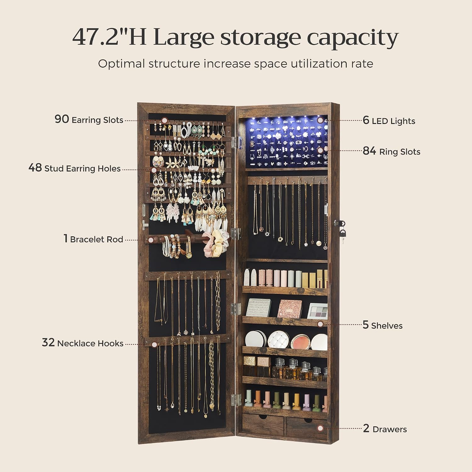 SONGMICS 6 LEDs Mirror Jewelry Cabinet, 47.2-Inch Tall Lockable Wall or Door Mounted Jewelry Armoire Organizer with Mirror, 2 Drawers, 3.9 x 14.6 x 47.2 Inches, Rustic Brown UJJC93CB