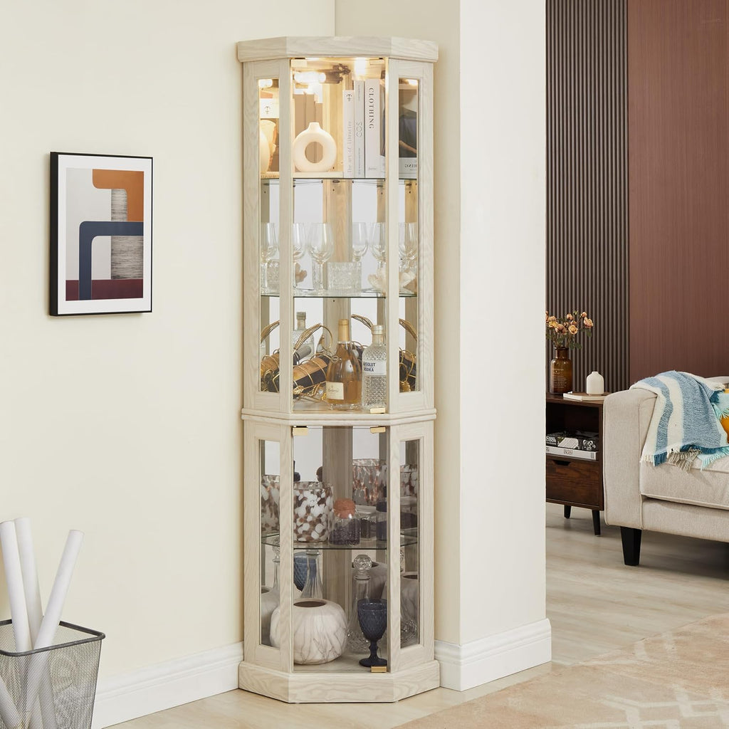 69' H Lighted Curio Cabinet Corner Display Case,Corner Glass Cabinet with Tempered Glass Door and Adjustable Shelves,Wooden Curio Case with Mirrored Back Pane (Style 2 - Antique White)