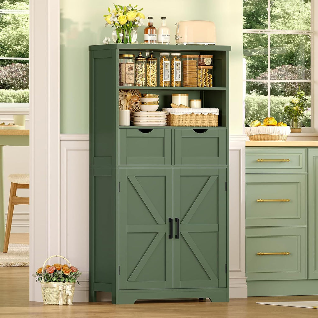 TEENFON Bathroom Cabinet with Adjustable Shelf & 2 Drawers, Farmhouse Storage Cabinet with 2 Doors, Kitchen Storage Cabinets for Living Room, Entryway, Home Office, Forest Green