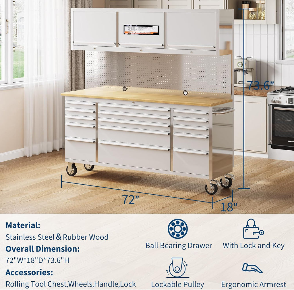 PeakPursuit 72' Rolling Tool Chest with 15 Drawers, Solid Rubber Wood Workbench Top, Locking Wheels & Key Lock, Mobile Garage Tool Cabinet for Workshop Storage and Organization, Silver