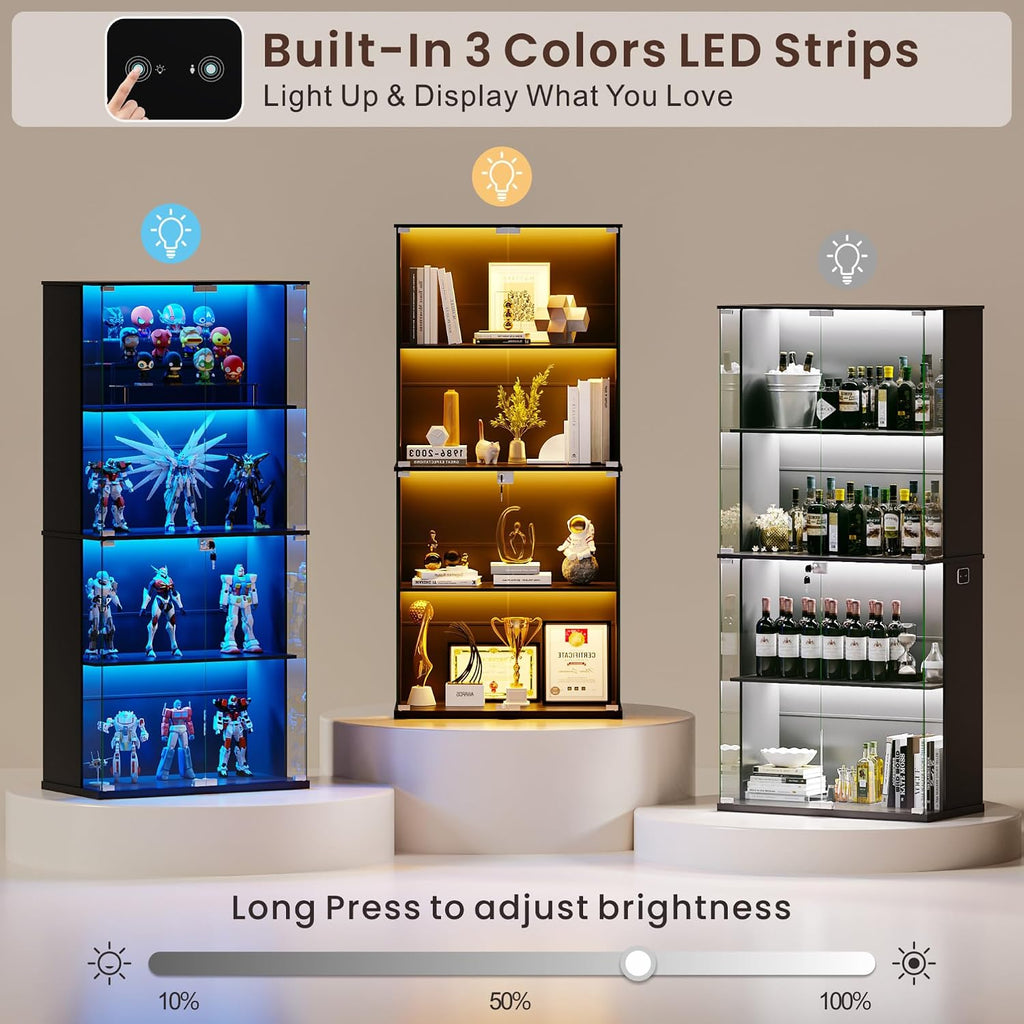 HNEBC Black Display Cabinet with Glass Door,Lighted 4-Tier Curio Cabinet with3 Color Lights for Collectibles Bookcases,66' Display Case with Human Body Sensor for Living Room/Game Room