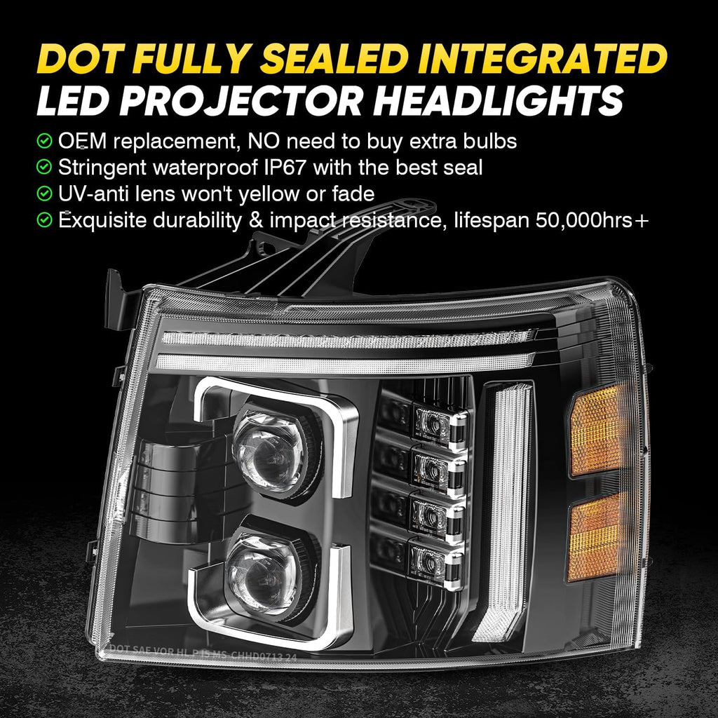 600% Bright LED Headlights Assembly Sequential Turn Signal Only for 2007-2013 Chevy Silverado 1500, 2007-2014 Chevy Silverado 2500 3500 2500HD 3500HD, Welcome Light Hi/Low Beam w/ Bulbs (NOT for GMC)