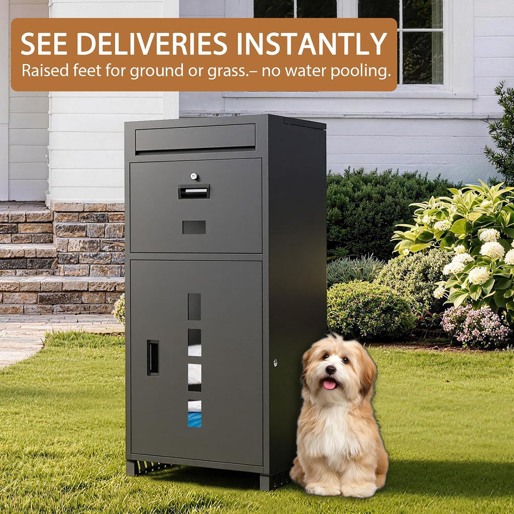 KAER Package Delivery Box for Outside with Visual Windows, 40.6' Large Parcel Drop Box with Raised Metal Feet (Keep Packages Dry), Anti-Theft Waterproof Grey Outdoor Lock Box for Porch, Yard, Home