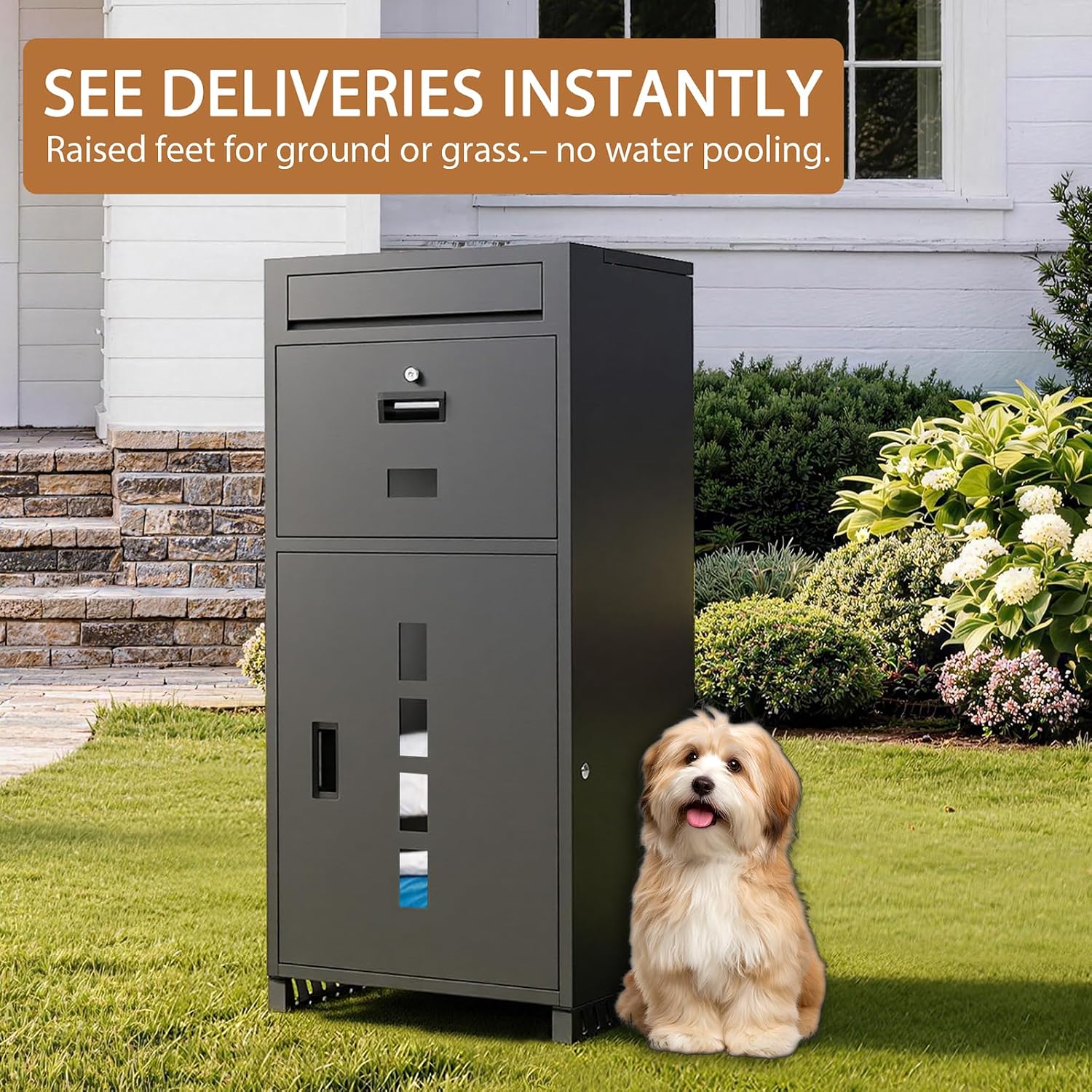 KAER Package Delivery Box for Outside with Visual Windows, 40.6' Large Parcel Drop Box with Raised Metal Feet (Keep Packages Dry), Anti-Theft Waterproof Grey Outdoor Lock Box for Porch, Yard, Home
