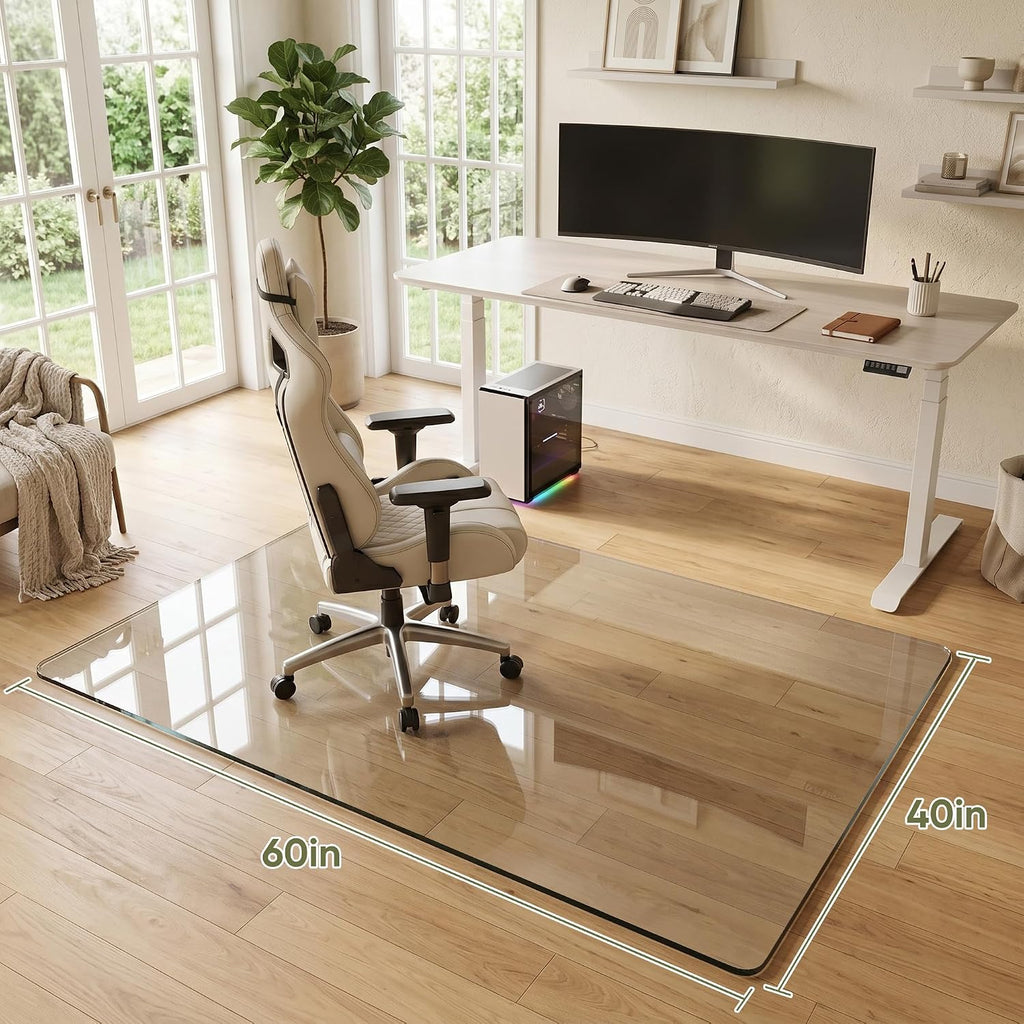 Tempered Glass Chair Mat for Hardwood Floor, 40' x 60' Heavy Duty Glass Office Chair Mat, for Low Pile Carpet, 0.2' Thick with 4 Non-Slip Pads, Smooth Rolling for Home & Office