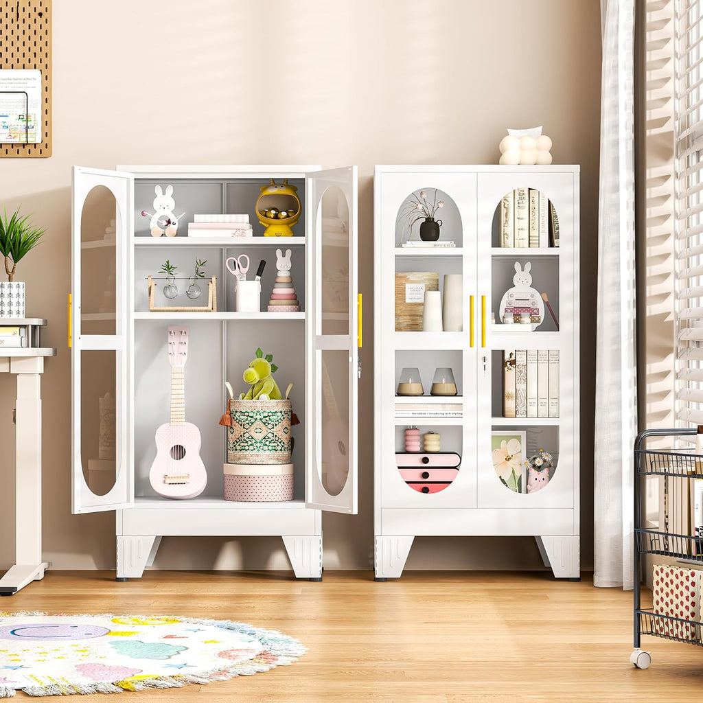 47'H Metal Display Cabinet with Glass Door and Lock, Tall Storage Cabinet with 3 Adjustable Shelves, 4 Tier Liquor Cabinet Metal Curio Cabinet Multi-Purpose Display Case for Collectibles Living Room