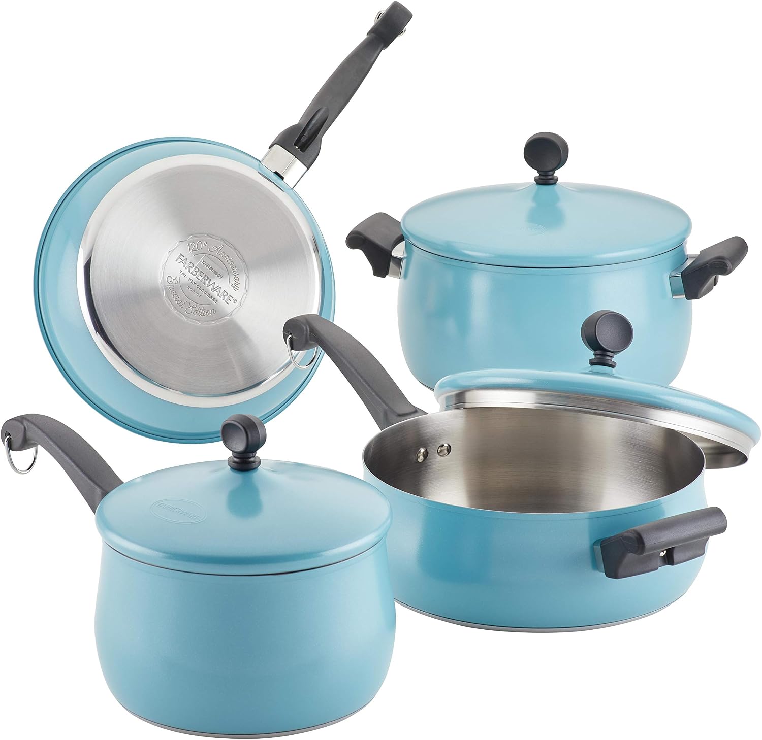 Farberware 120 Limited Edition Stainless Steel Cookware Pots and Pans Set with Prestige Kitchen Tools, 10 Piece, Aqua Blue