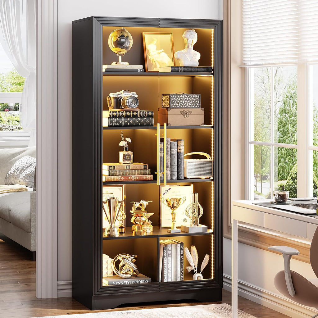 LVSOMT Display Cabinet with Glass Doors and Adjustable Shelves, 65' Tall Bookcase with LED Lights and Human Sensor, 5 Tier Display Case for Collectibles with Storage, Home Office Living Room, Black