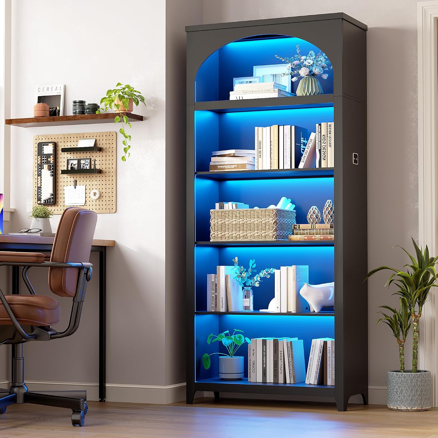 5-Tier Wooden Bookshelf with LED Lights, 70 Inch Tall Bookshelf with Storage, Floor Standing Modern Style Display Bookcase for Living Room, Office, Study Room, Entryway - Black