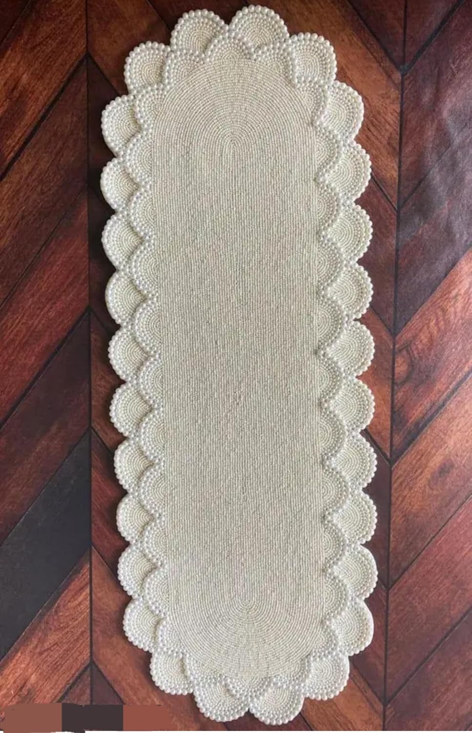 Beaded Table Runner, Cream, Scalloped Edge, Handcrafted Beaded Design, Farmhouse Dining Decor