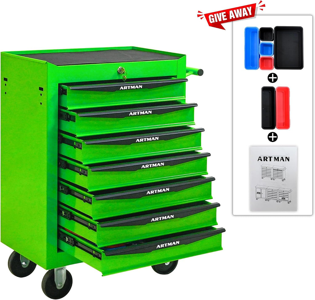 Rolling Metal Tool Chest with 7 Drawers – 20' Steel Tool Storage Box Organizer with Ball Bearing Slides & Lockable Mobile Cabinet on Wheels(Green)