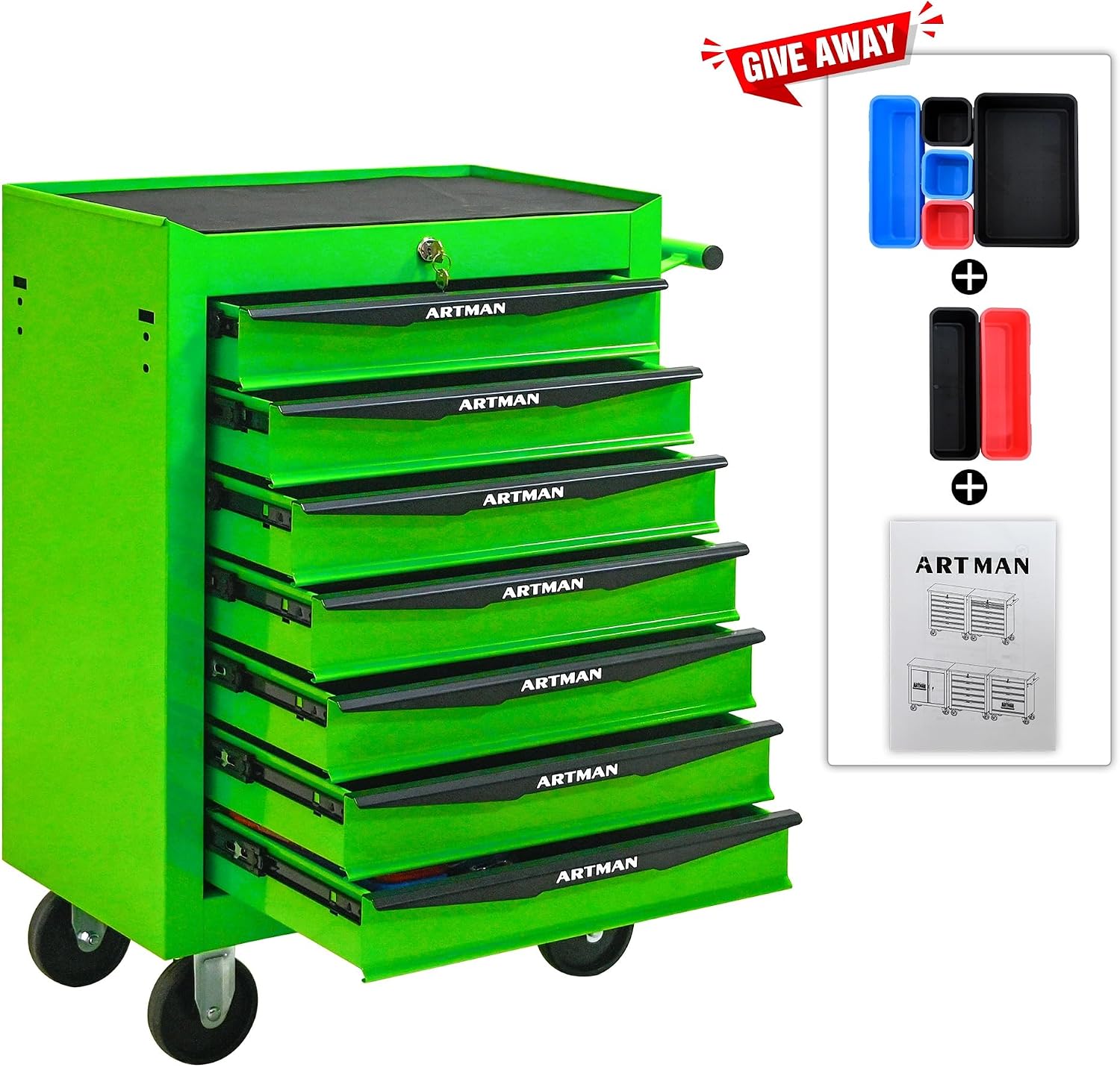 Rolling Metal Tool Chest with 7 Drawers – 20' Steel Tool Storage Box Organizer with Ball Bearing Slides & Lockable Mobile Cabinet on Wheels(Green)
