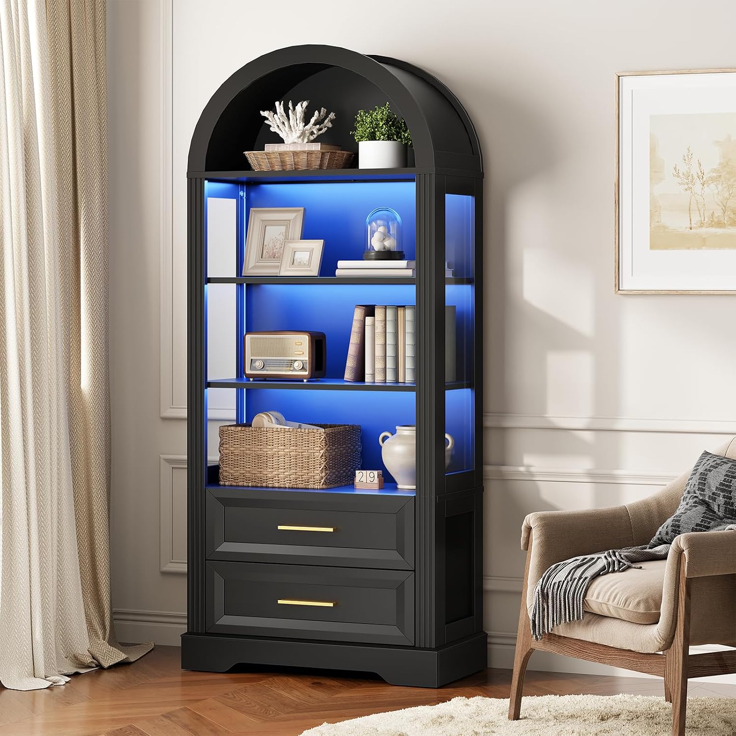 HOOBRO Tall Arched Bookshelf, Arch Bookcase with 2 Storage Drawers, Farmhouse Wooden Display Cabinet with Lights, Open Storage Book Shelf for Living Room, Home, Office, Black BK170DSJ01