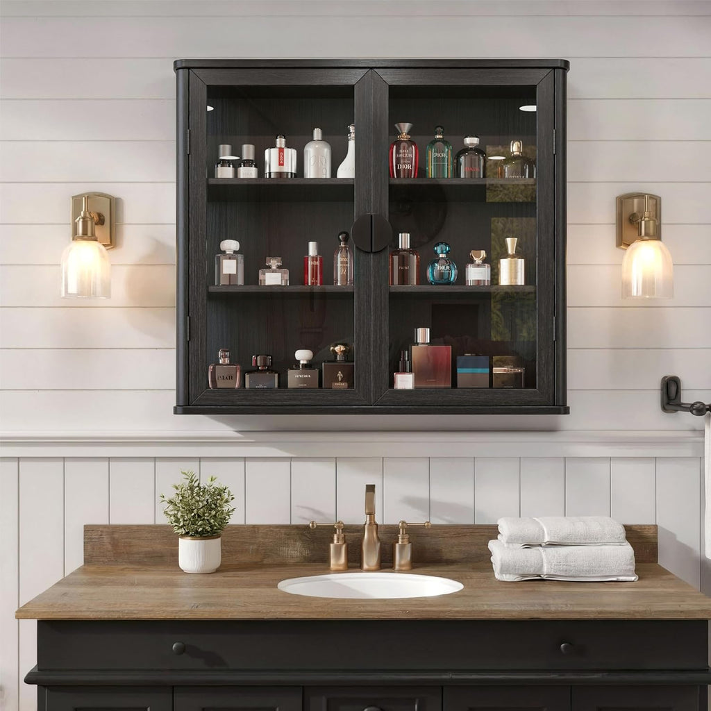 FIMELLO 28''W Wall Cabinet with Tempered Glass Doors, Bathroom Cabinet Wall Mount, Kitchen Wall Cabinet, Floating Cabinet for Bathroom, Wall Mount Salon Station for Barber, Beauty, Black