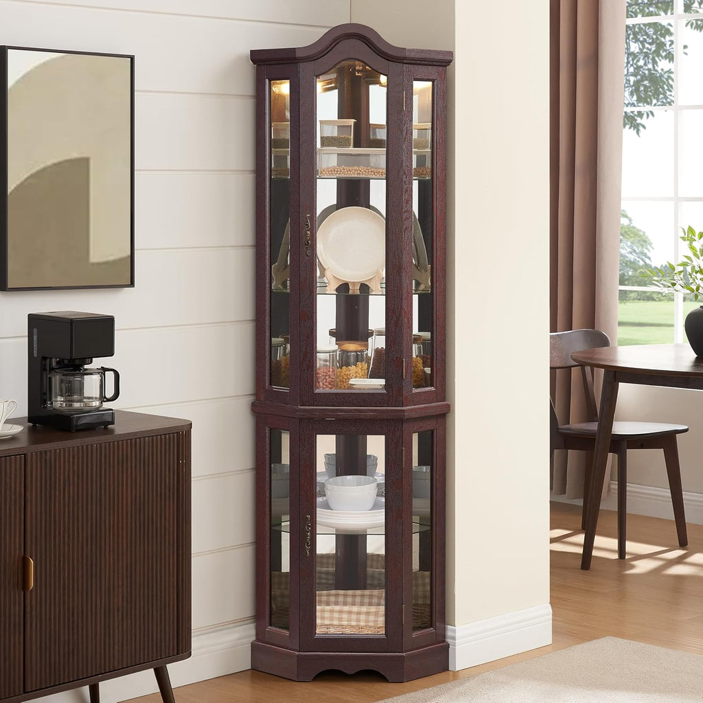 Classic Corner Curio Cabinet with Lights, Glass Display Cabinet for Living Room - Adjustable Tempered Glass Shelves, Wall Mountable (Walnut)