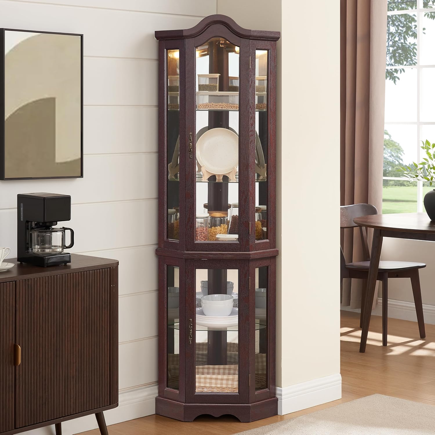 Classic Corner Curio Cabinet with Lights, Glass Display Cabinet for Living Room - Adjustable Tempered Glass Shelves, Wall Mountable (Walnut)