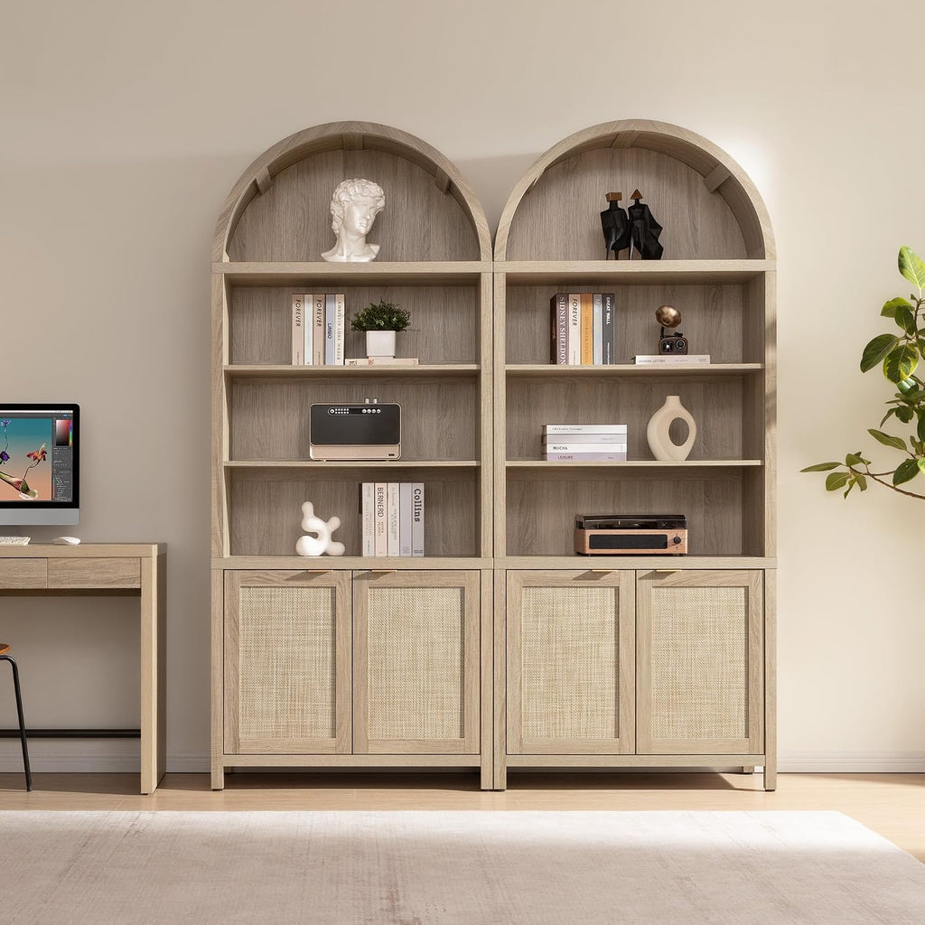 SICOTAS Book Shelf Arched Cabinet Bookshelf Arch 84.2' Tall Bookcase 5 Tier Large Bookshelves with Doors Storage Rattan Boho Wide Book Shelves Case for Living Room Kitchen Office Bedroom Library