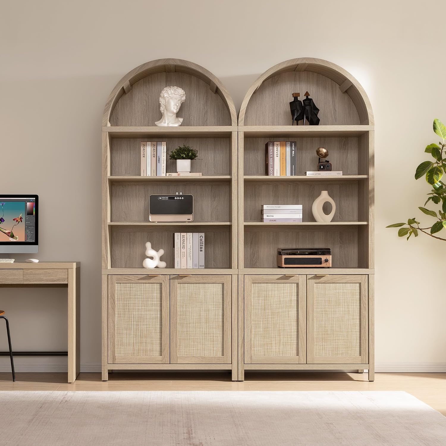 SICOTAS Book Shelf Arched Cabinet Bookshelf Arch 84.2' Tall Bookcase 5 Tier Large Bookshelves with Doors Storage Rattan Boho Wide Book Shelves Case for Living Room Kitchen Office Bedroom Library