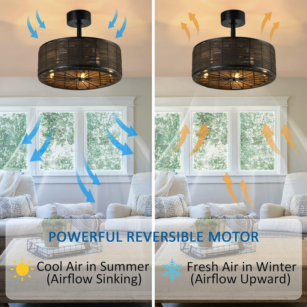21' Boho Rattan Ceiling Fans with Lights,Flush Mount Caged Ceiling Fan with Remote Indoor,6 Speed, Timing, APP Remote Control,Includes 5 LED Bulbs for Bedroom,Kitchen,Living Room,Farmhouse