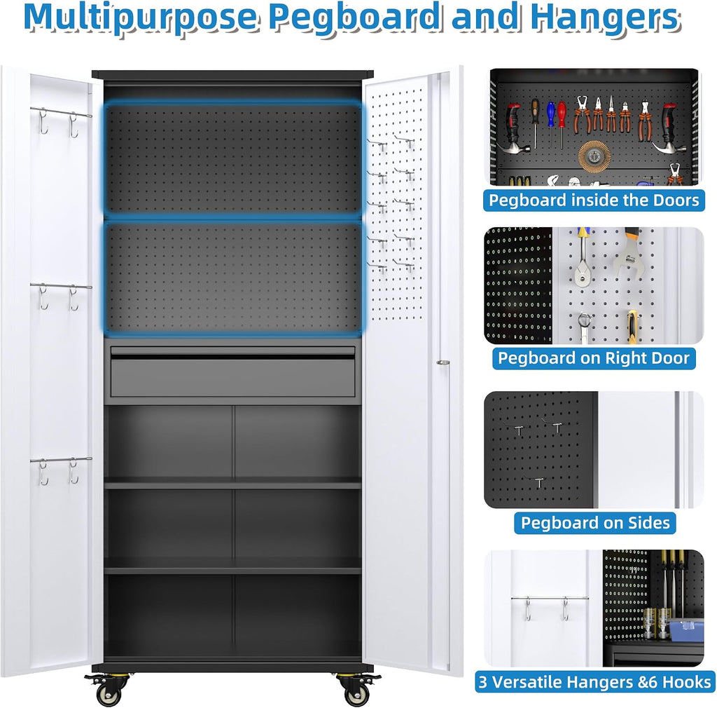 METAN 71' H Metal Storage Cabinet with Wheels with 5 Pegboards and 1 Drawer,Lockable Steel Tool Cabinet for Garage,Warehouse,Assembly Required,Black+Gray