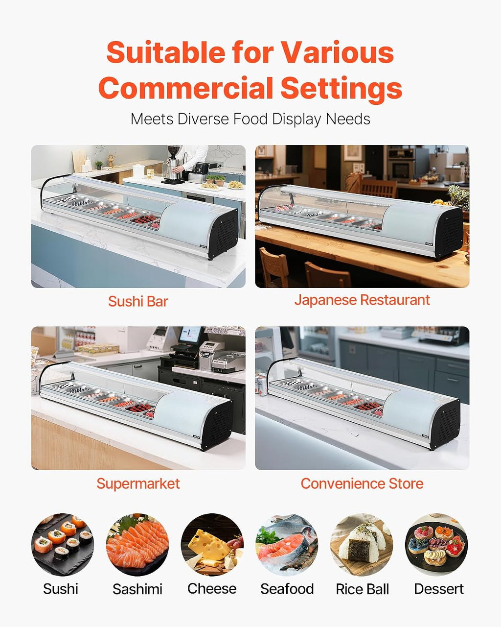VEVOR Sushi Display Case Refrigerator, 2.5 Cu.ft Commercial Sushi Case, 7-Pan Countertop Showcase with Curved Glass, LED Lighting, and Digital Temperature Control, for Sushi-Bar, Restaurant, Store