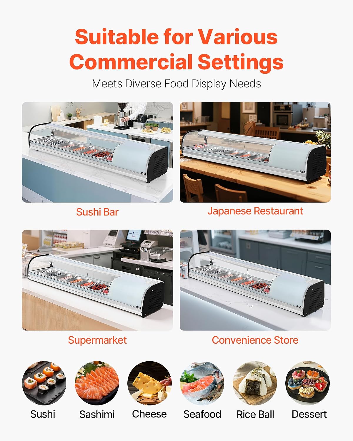 VEVOR Sushi Display Case Refrigerator, 2.5 Cu.ft Commercial Sushi Case, 7-Pan Countertop Showcase with Curved Glass, LED Lighting, and Digital Temperature Control, for Sushi-Bar, Restaurant, Store