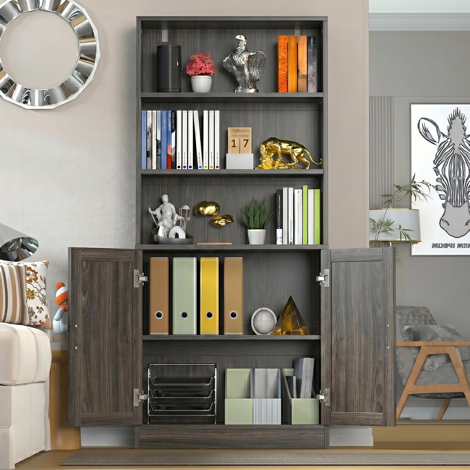 holzart 75' Tall Bookcase with Doors, 5 Tier Large Bookshelf with Cabinet, Standing Wood Display Book Shelf for Living Room, Office, Library with Doors, Dark Grey