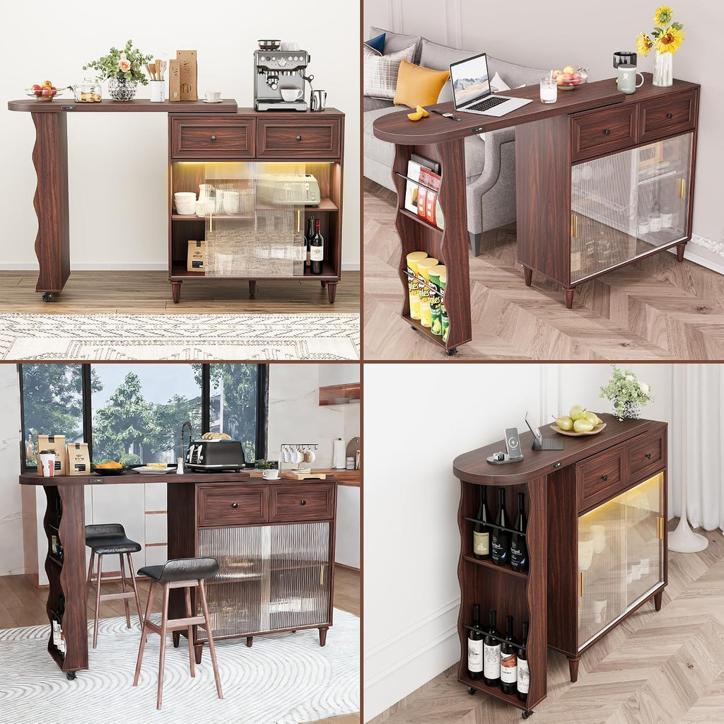 69' Kitchen Island with 360° Rotating Table, Bluetooth Speakers, LED Lighting, Adjustable Shelves, Storage Cabinet & Power Outlet – Walnut Finish Extendable Dining Table for Kitchen, Dining Room, Bar
