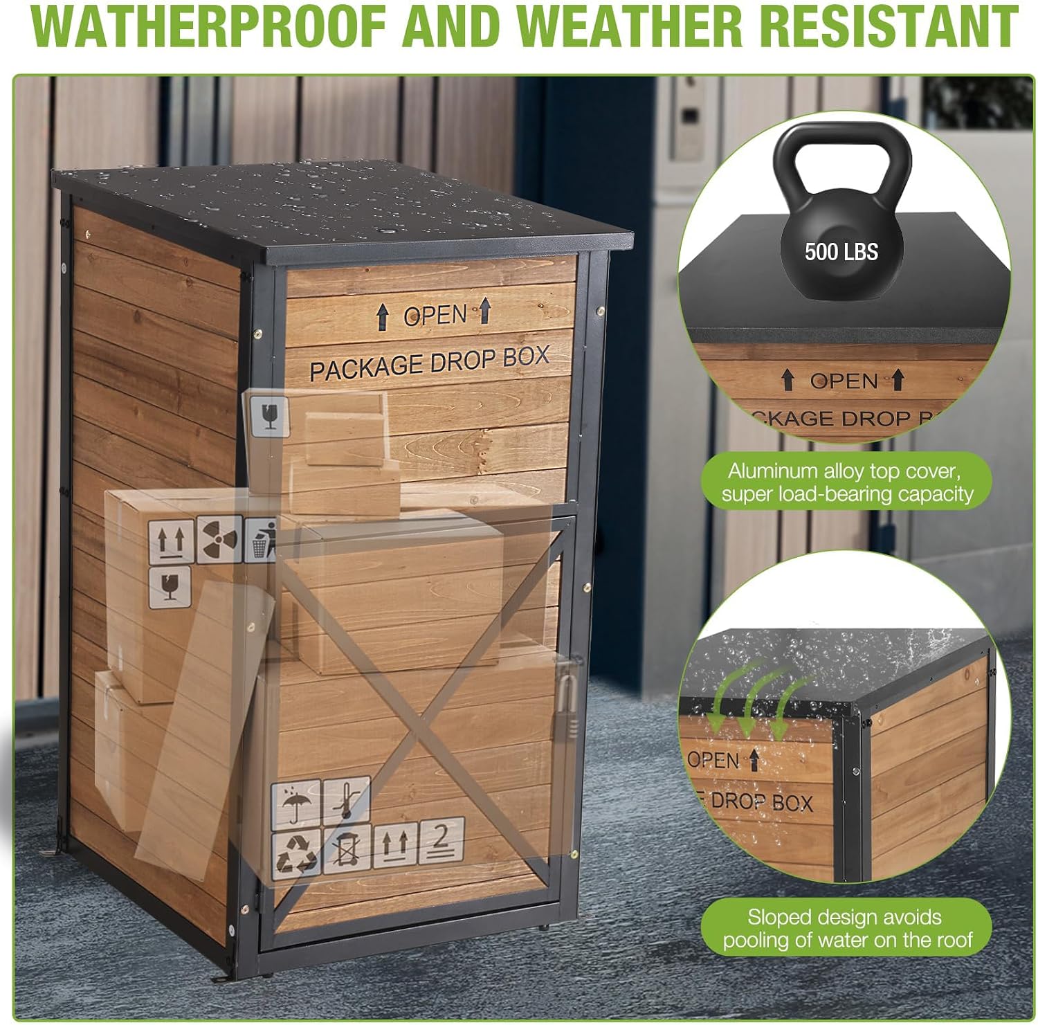 GUTINNEEN Package Delivery Box for Outside Large Parcel Drop Box,Metal Frame Solid Wood, Anti-Theft Baffle, Password Lock,Gas-Strut Lid,Weatherproof for Multiple Packages, 22.2' L x 27.5' D x 40.6' H