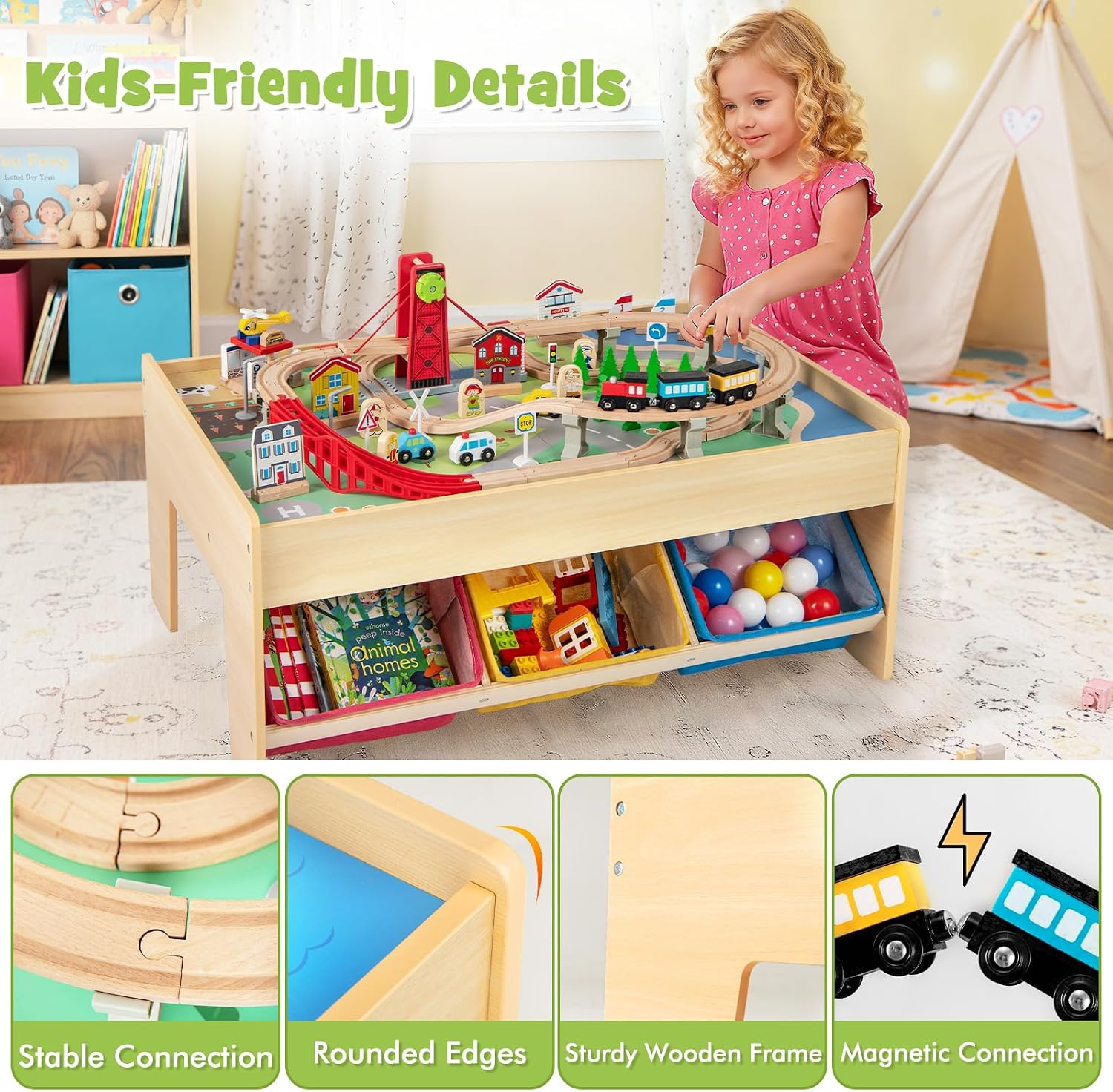 INFANS Train Table with Storage, 94 Pieces Wooden Kids Activity Toy Table Playset with 3 Foldable Boxes Reversible Detachable Tabletop, Tracks, Train, Railway, Gift for Toddler Boys Girls Ages 3+