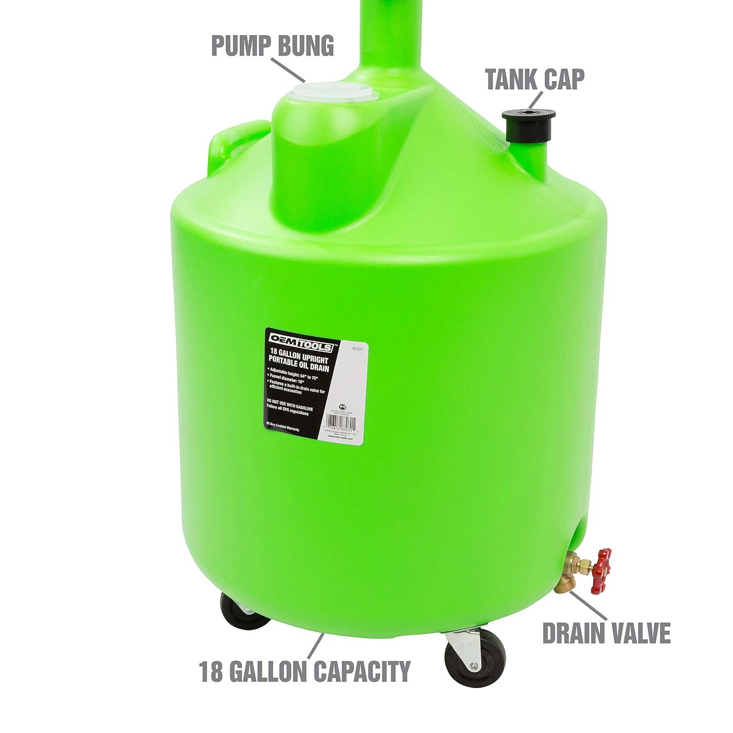 OEMTOOLS 18 Gallon Oil Drain Container, Upright Adjustable Oil Drain Tank