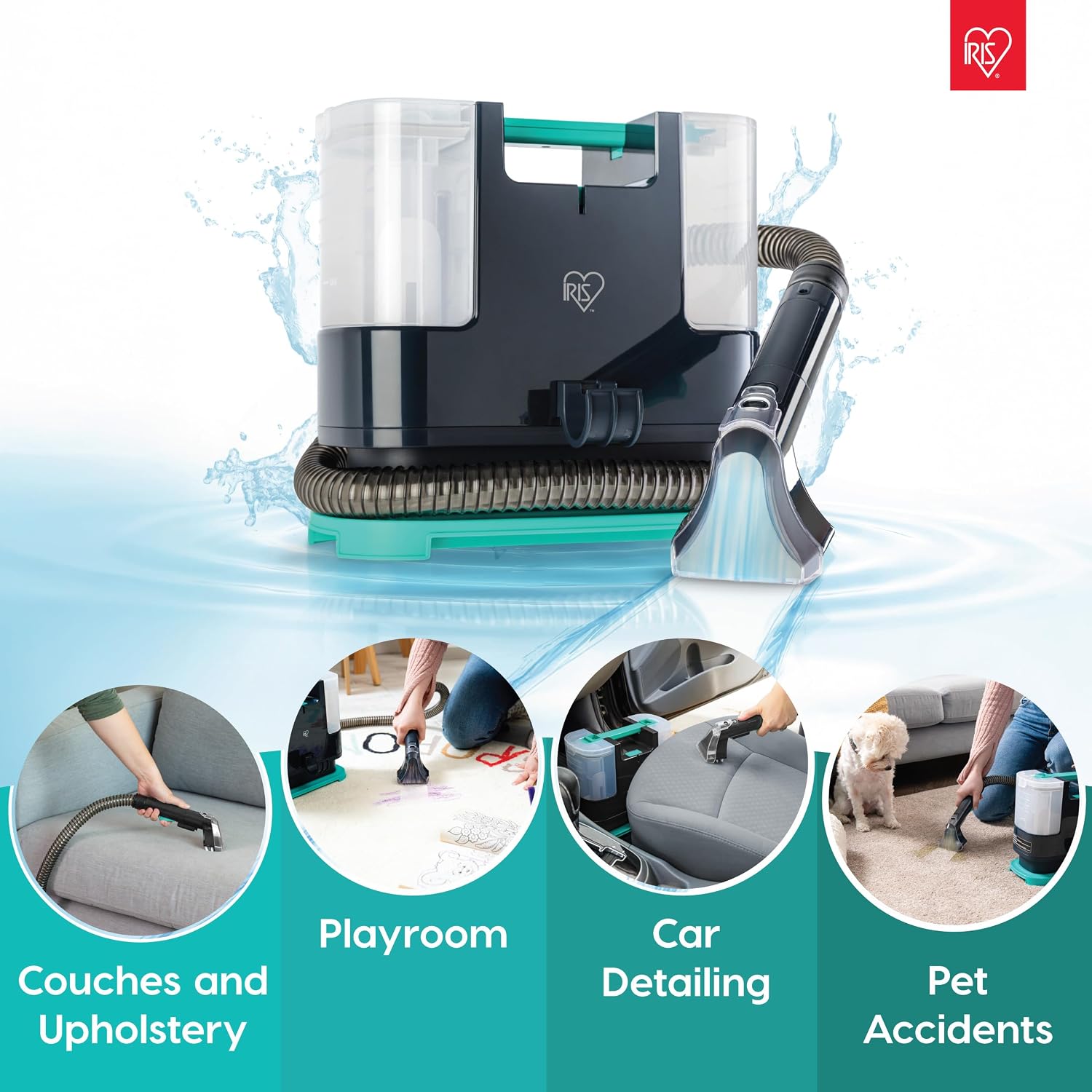 IRIS USA Carpet Spot Cleaner Machine 110V with Auto Spray for Low Pile Carpet, Couch, Sofa, Upholstery, Car Detailing, Shallow Berber Rug, Lightweight Portable Chemical-Free Stain Remover, 1000mL Tank