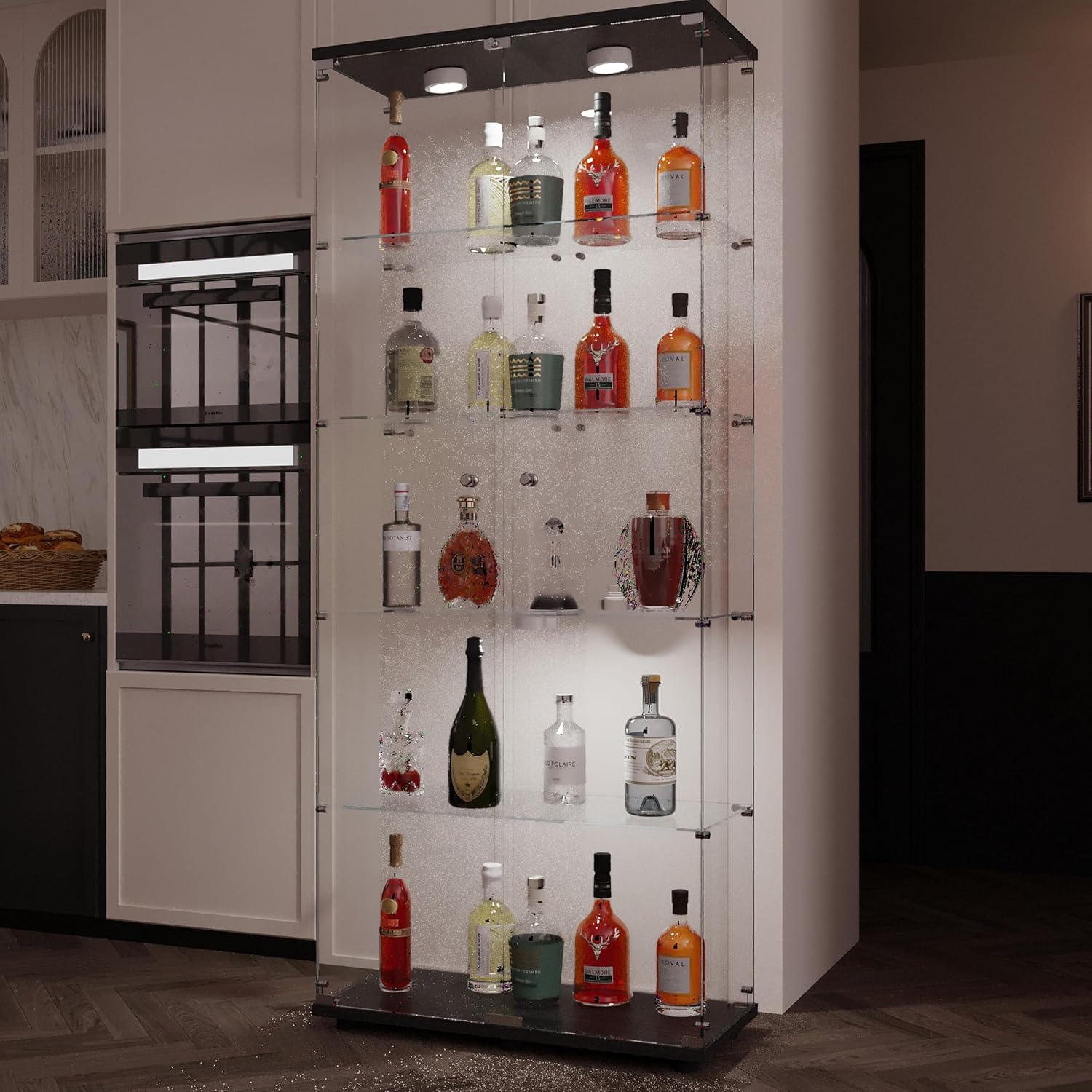64.69' Tall Tempered Glass Display Cabinet with LED Lights, Curio Cabinet with 5 Shelves with 2 Door, Quick-Install Style Floor Standing Bookshelf File Cabinet for Living Room Office