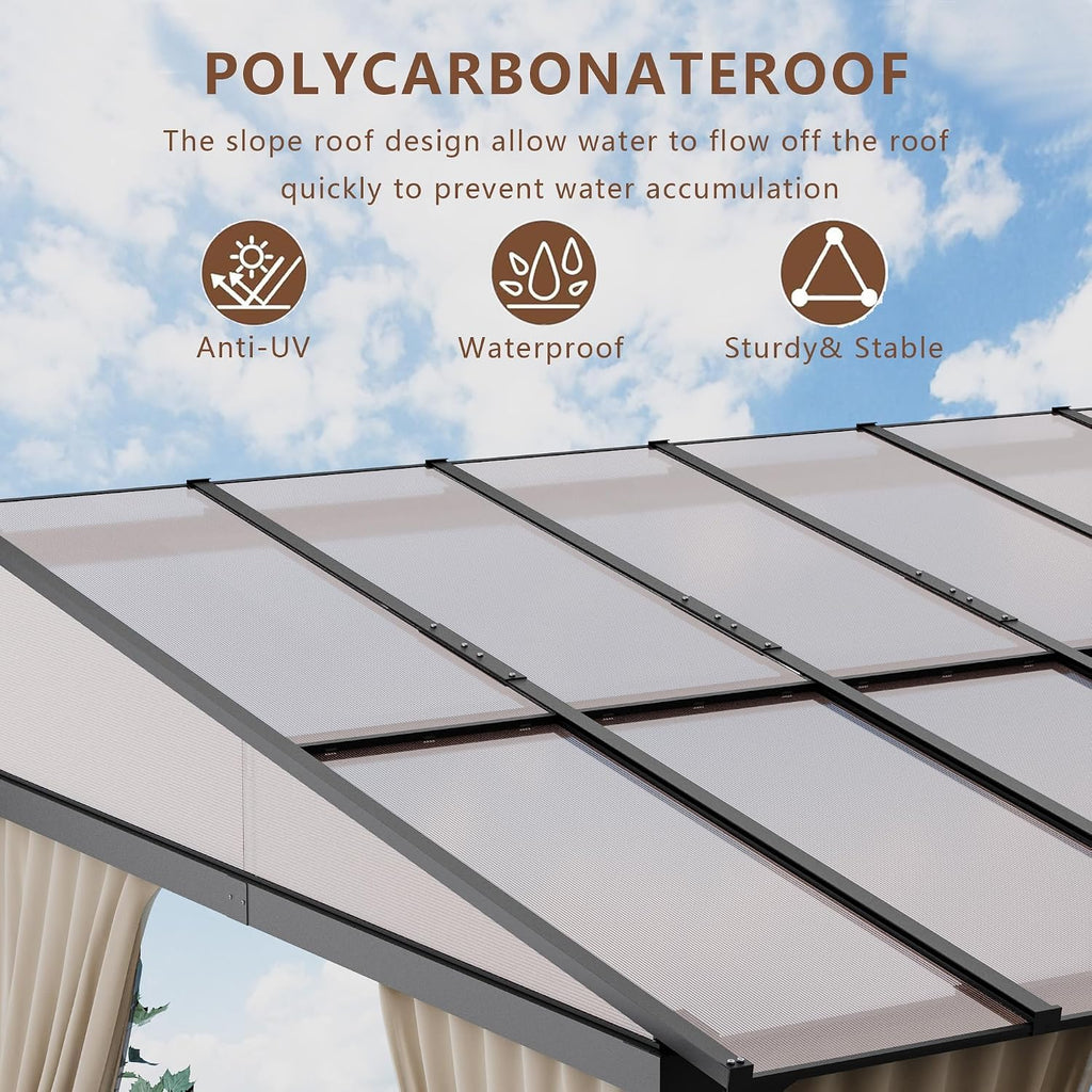 ALAULM 10'x 14' Outdoor Hardtop Pergola,Wall Mounted Lean to Gazebo with Curtains and Netting,Galvanized Metal Frame,Sunshade for Patio, Backyard, Deck and Lawns-Sand