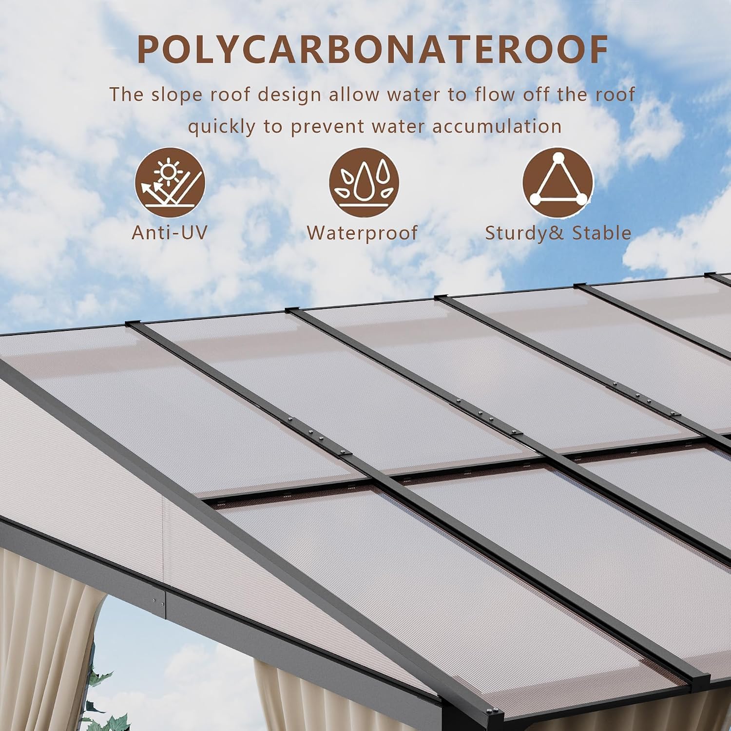 ALAULM 10'x 14' Outdoor Hardtop Pergola,Wall Mounted Lean to Gazebo with Curtains and Netting,Galvanized Metal Frame,Sunshade for Patio, Backyard, Deck and Lawns-Sand