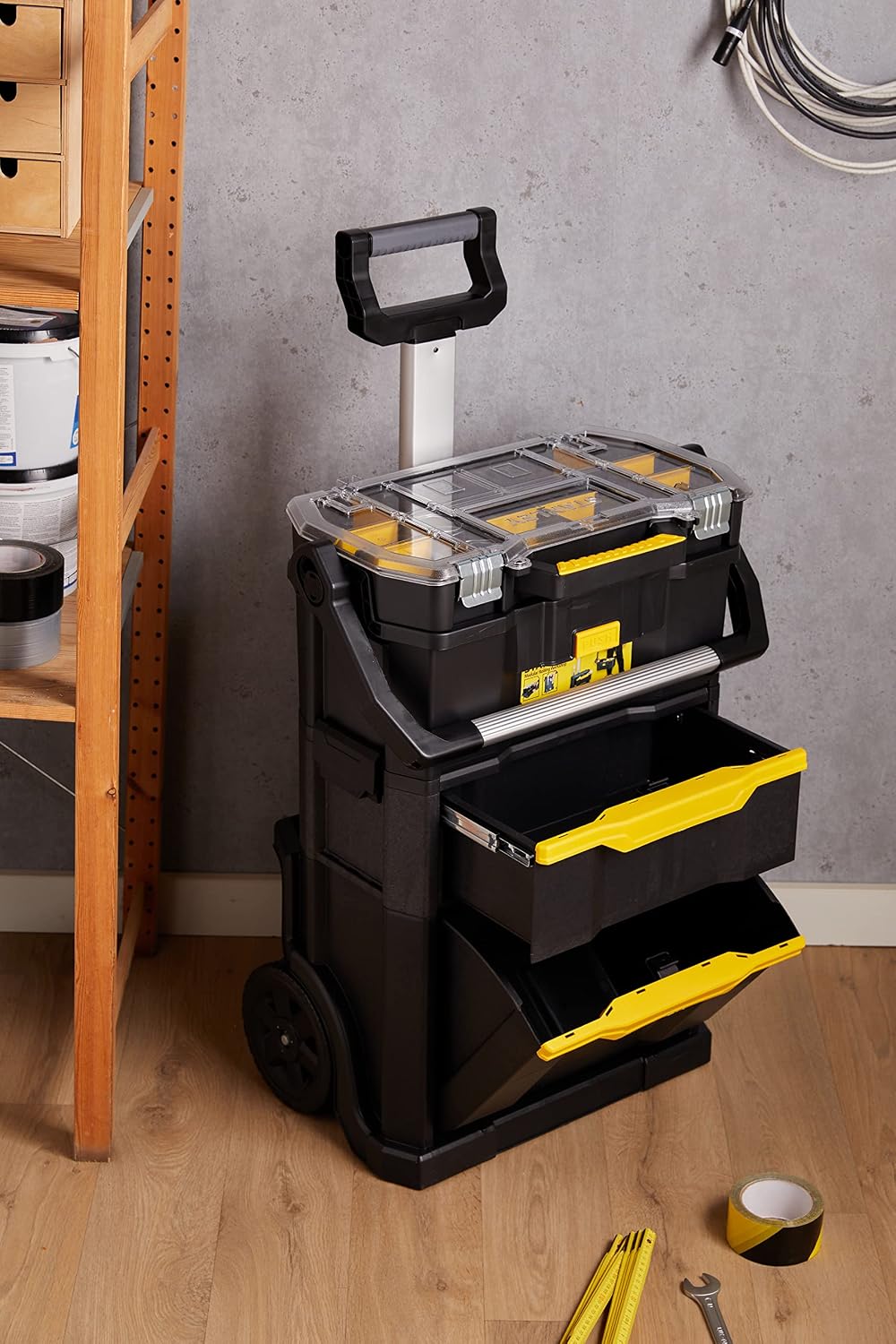STANLEY 2-in-1 Rolling Workshop Tool Box Empty Tool Box (53 x 75.60 x 32 cm, Tool Carrier with Organiser Attachment, with Two Large Compartments, Telescopic Handle, Made of Robust Plastic) STST1-79231