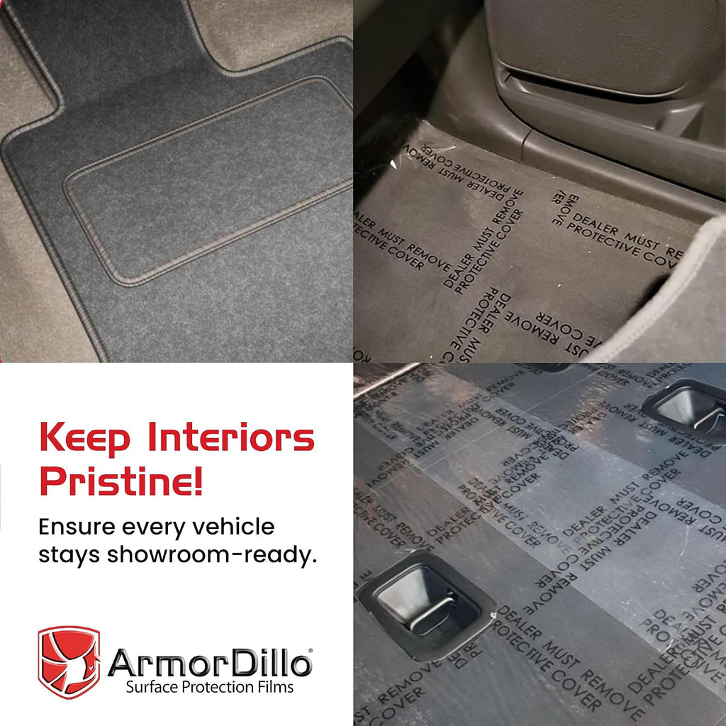 ArmorDillo Dealer Must Remove Floor Mats – 1 Roll, 24' x 600' Clear Plastic Film | Automotive Carpet Protection Adhesive Roll for Car Detailing, Service Shops, and Disposable Floor Covers