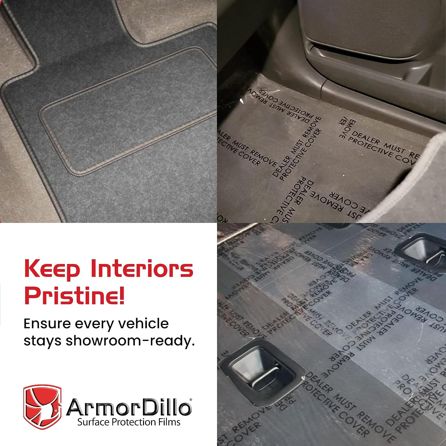 ArmorDillo Dealer Must Remove Floor Mats – 1 Roll, 24' x 600' Clear Plastic Film | Automotive Carpet Protection Adhesive Roll for Car Detailing, Service Shops, and Disposable Floor Covers
