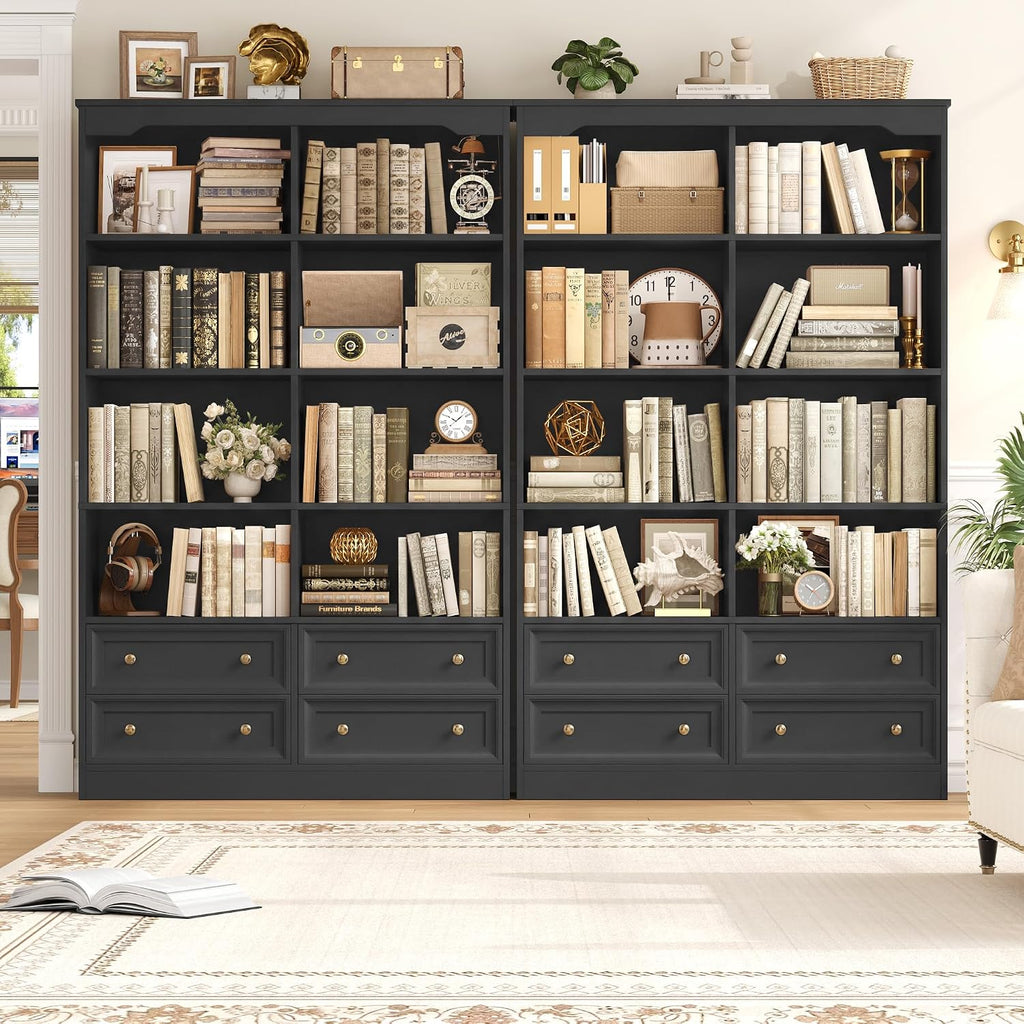 FINETONES 71' Black Bookshelf with 4 Drawers, 6-Tier Double Wide Bookshelves and Bookcases with Storage, Tall Bookshelf Large Open Bookshelves Standing Book Cabinet for Home Office, Black